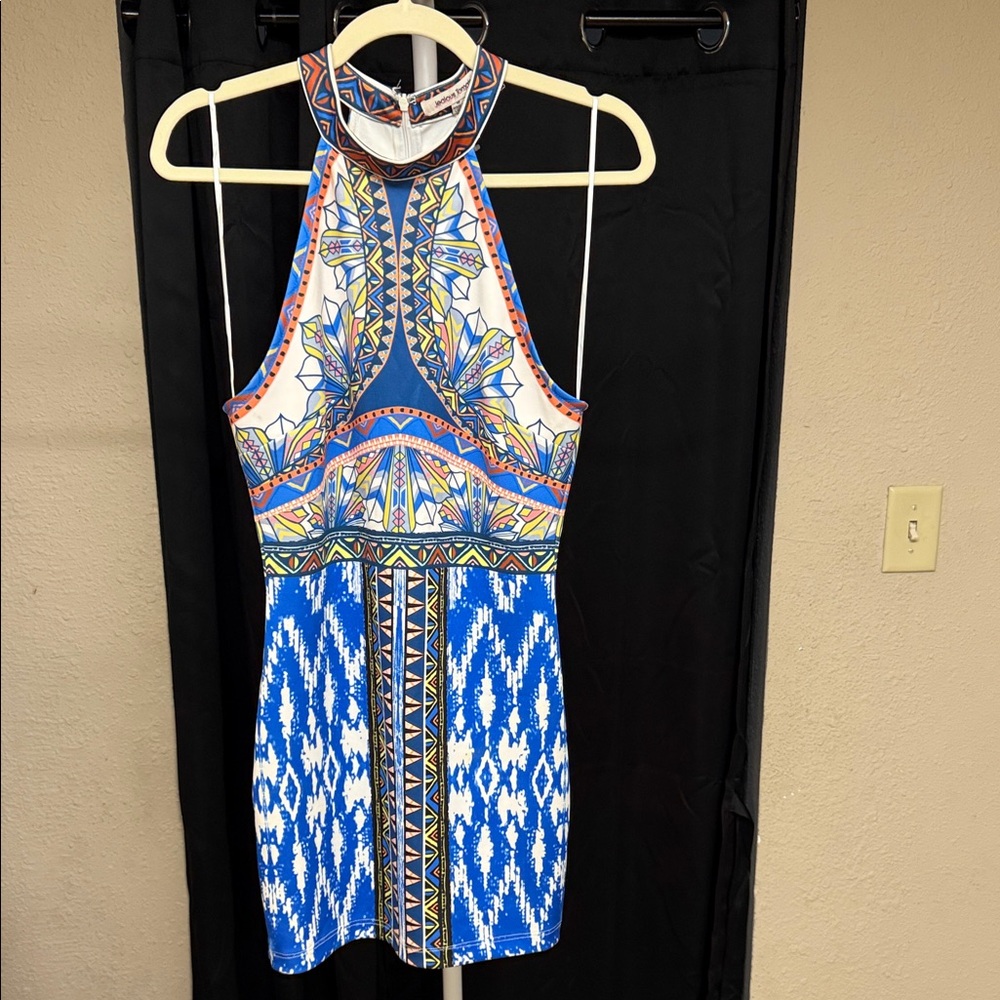 Jealous Tomato Blue White Multi Halter Mini Dress